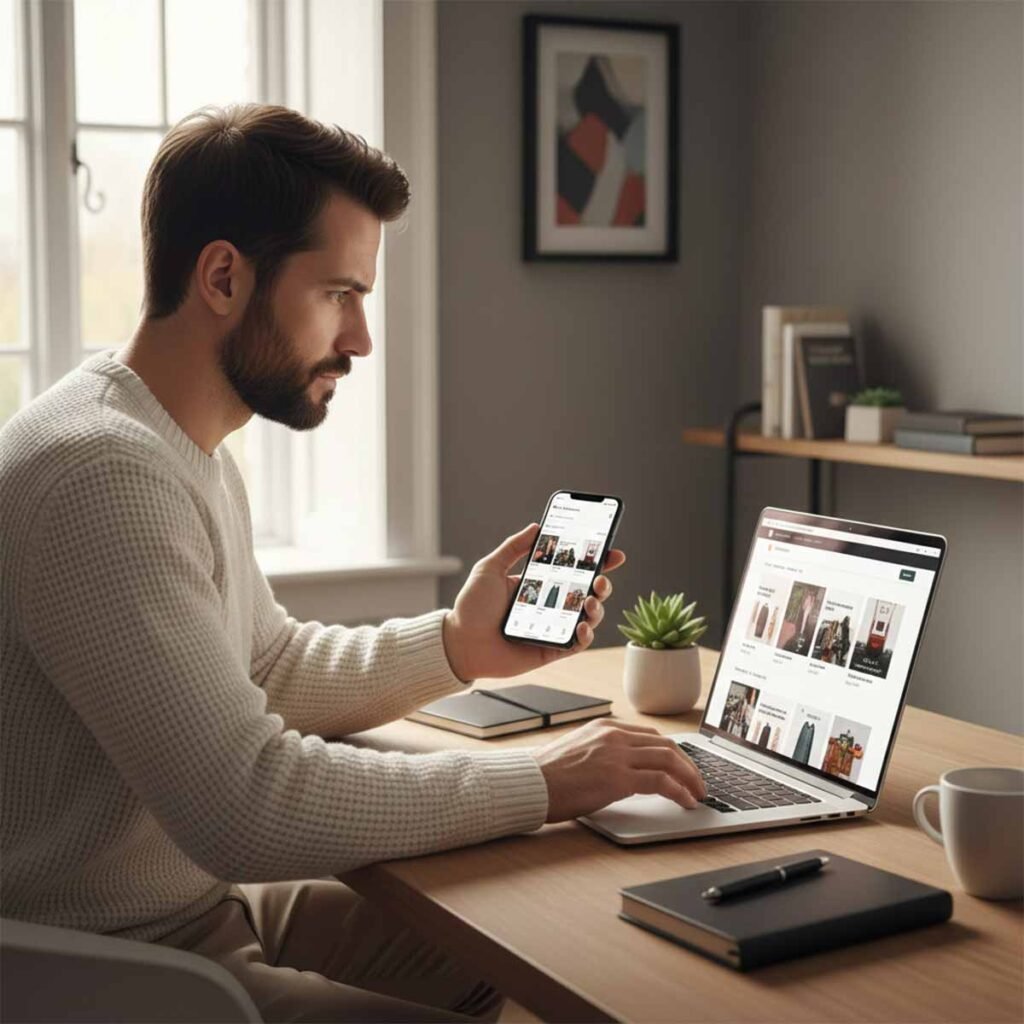 man in casual sweater comparing an eCommerce website and app in a UK-style home office
