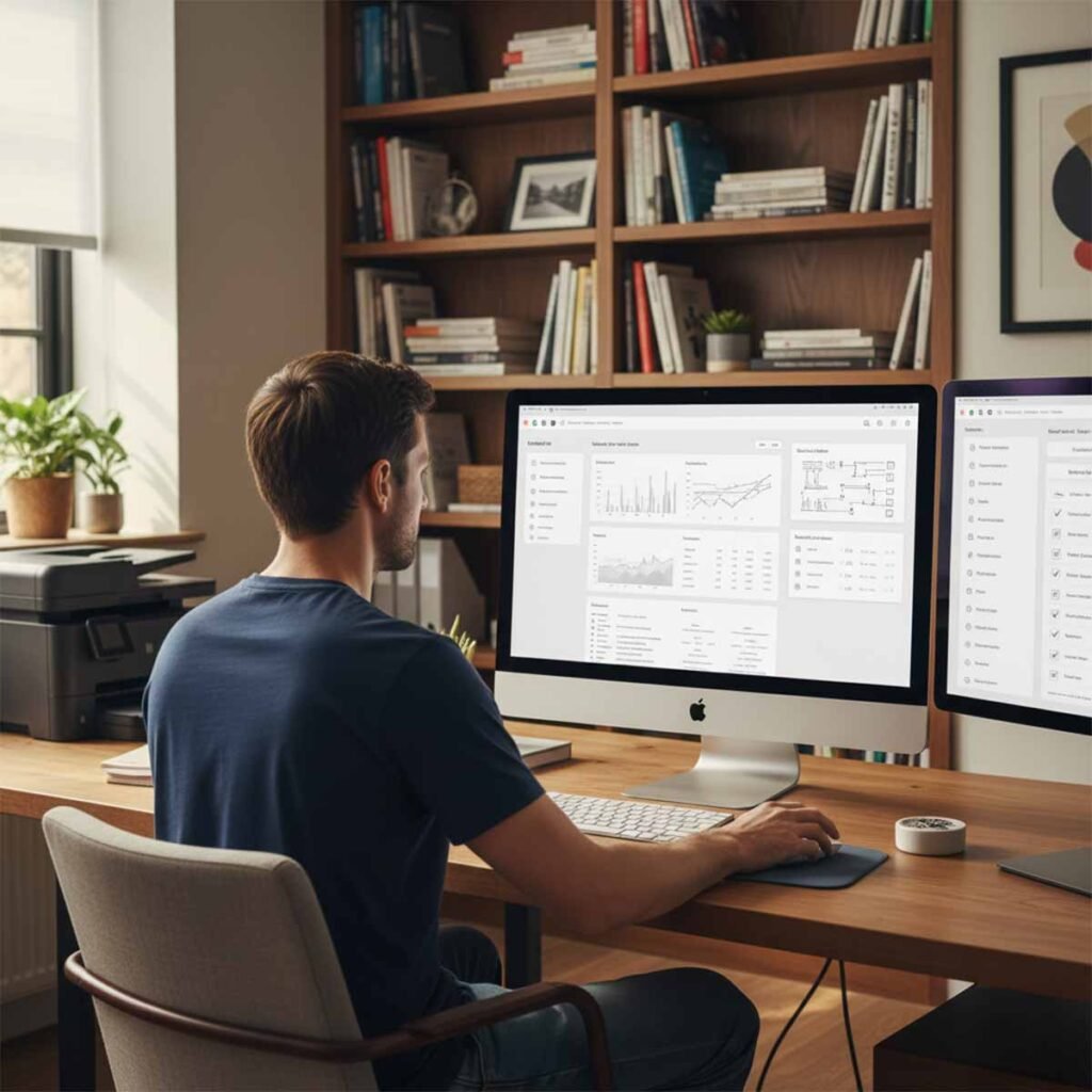 Man working in a UK home office on a large iMac showing a SaaS dashboard with graphs, metrics, and system activity, with a multifunction printer in the background.